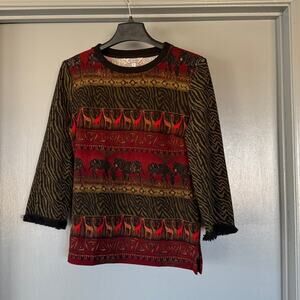 Stonebridge Women's Safari Zebra Giraffe Sweater 3/4 Sleeves Fringe sz Small